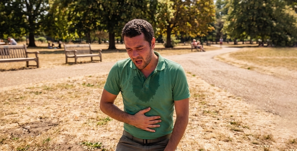 A man eating a salad, representing hydration and healthy eating, linked to abdominal health