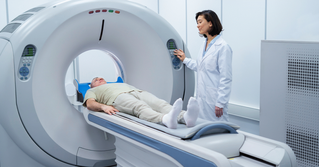 A woman lies on an MRI machine, preparing for a medical imaging procedure.