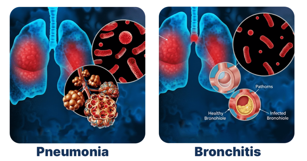 Infographic showing the difference between pneumonia and bronchitis, highlighting their key features and classifications.