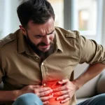 Woman examining acne and skin irritation in mirror.