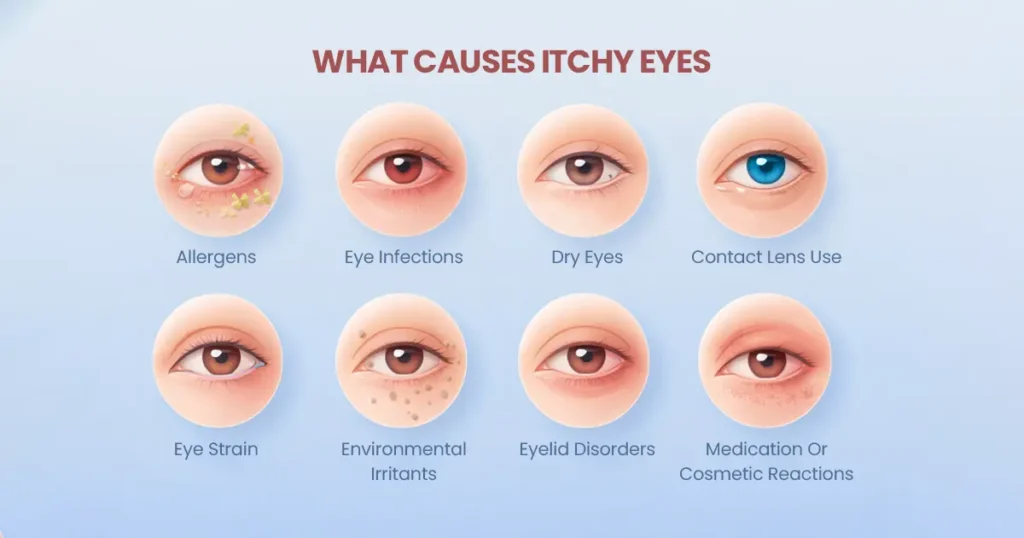 Infographic titled “What Causes Itchy Eyes” with illustrated eye icons showing causes like allergies, infections, dry eyes, contact lens use, strain, irritants, eyelid disorders, and medication reactions.