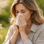 A woman standing outdoors in a field of flowers, sneezing into a white tissue, representing seasonal allergies or hay fever.