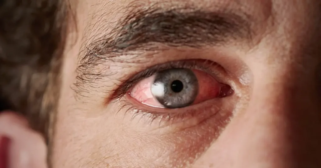 Extreme close-up of a human eye showing significant redness and irritation in the sclera (white part), typical of conjunctivitis or "pink eye."