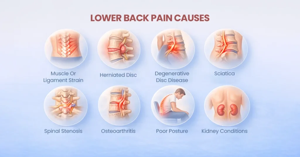 Diagram showing various lower back pain causes like herniated discs and sciatica.