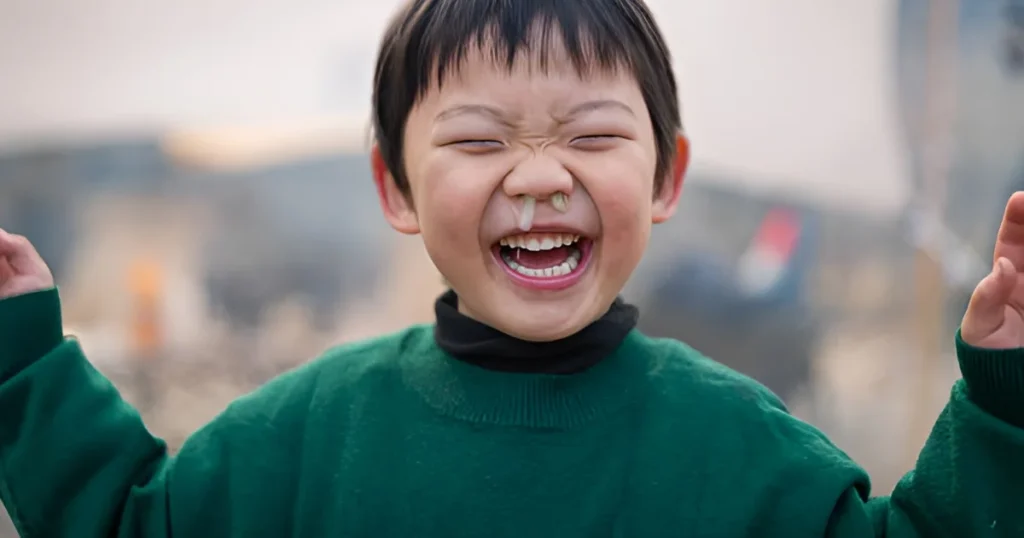 Happy child laughing with visible green and yellow nasal mucus