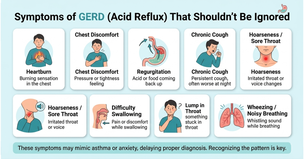 Infographic of GERD symptoms like heartburn, chest tightness, chronic cough, and wheezing that can mimic asthma or anxiety.