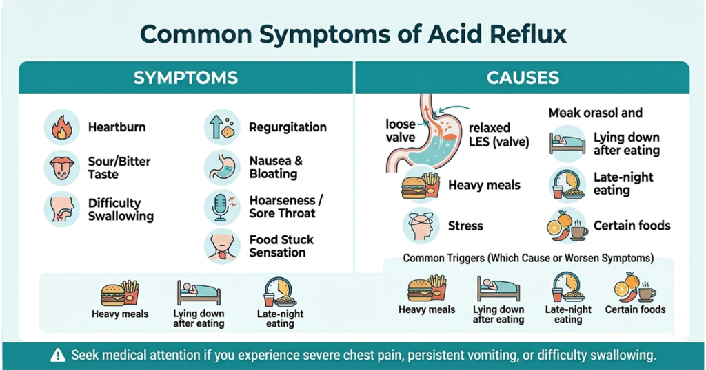Common symptoms of acid reflux, including heartburn and regurgitation, with ER Texas branding in the corner.