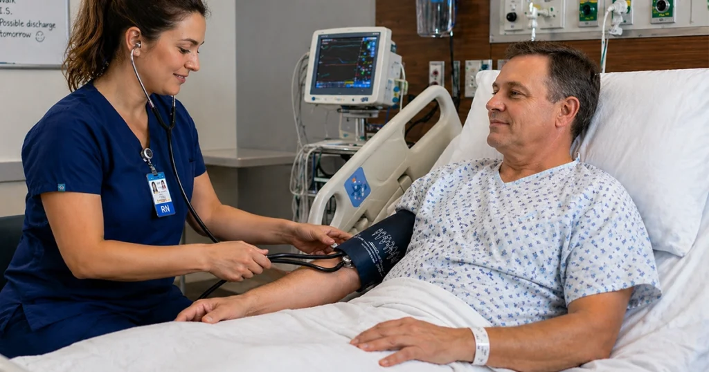 Nurse checking a patient’s blood pressure in hospital.