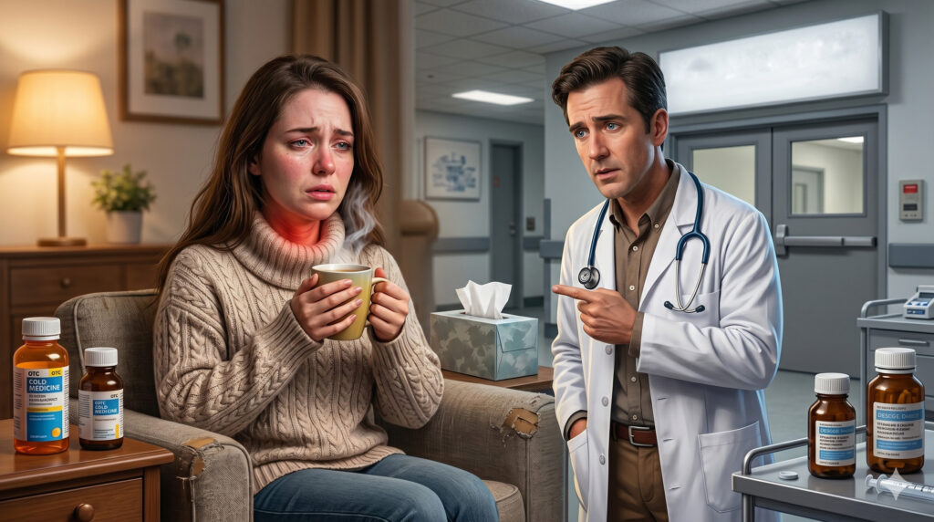 Woman holding a hot mug with a glowing sore throat as a doctor points to medical supplies.