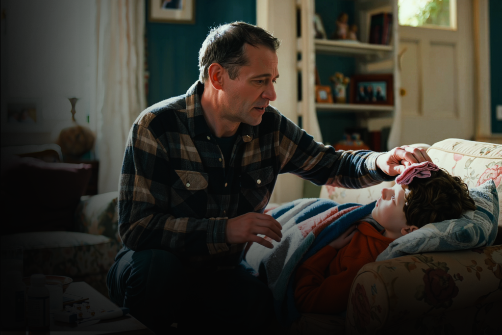 A concerned father in a plaid shirt checking the forehead of a sick child resting under a blanket on a sofa.