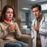 Woman holding a hot mug with a glowing sore throat as a doctor points to medical supplies.