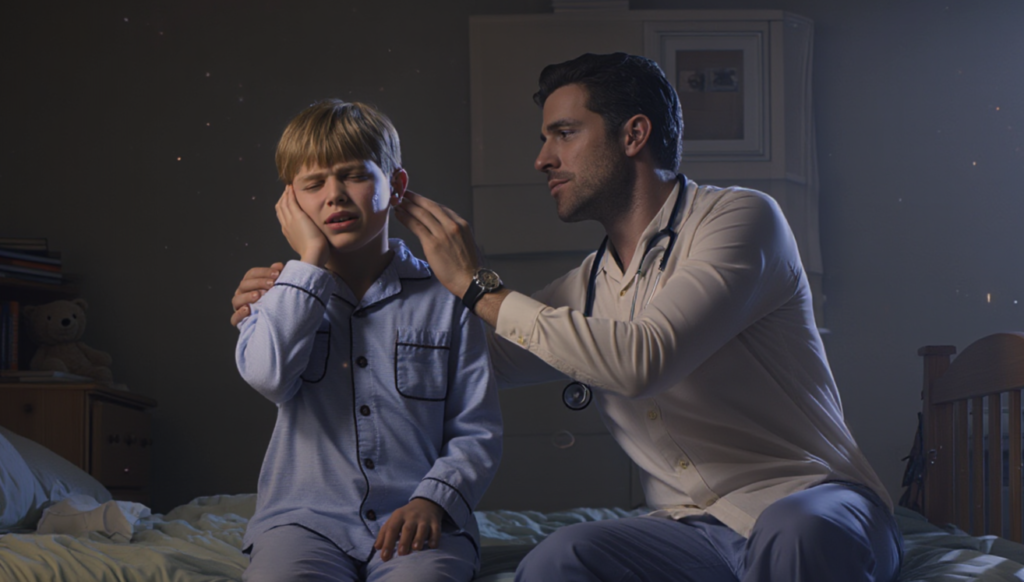 A young boy in blue pajamas sits on a bed, grimacing and holding his ear in pain while a male doctor with a stethoscope examines him.