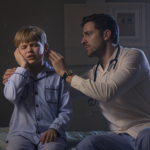 A young boy in blue pajamas sits on a bed, grimacing and holding his ear in pain while a male doctor with a stethoscope examines him.