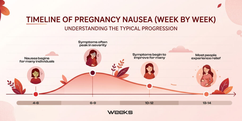 Timeline graph of morning sickness by week—starts 4–6, peaks 6–9, improves 10–12, mostly resolves 13–14.