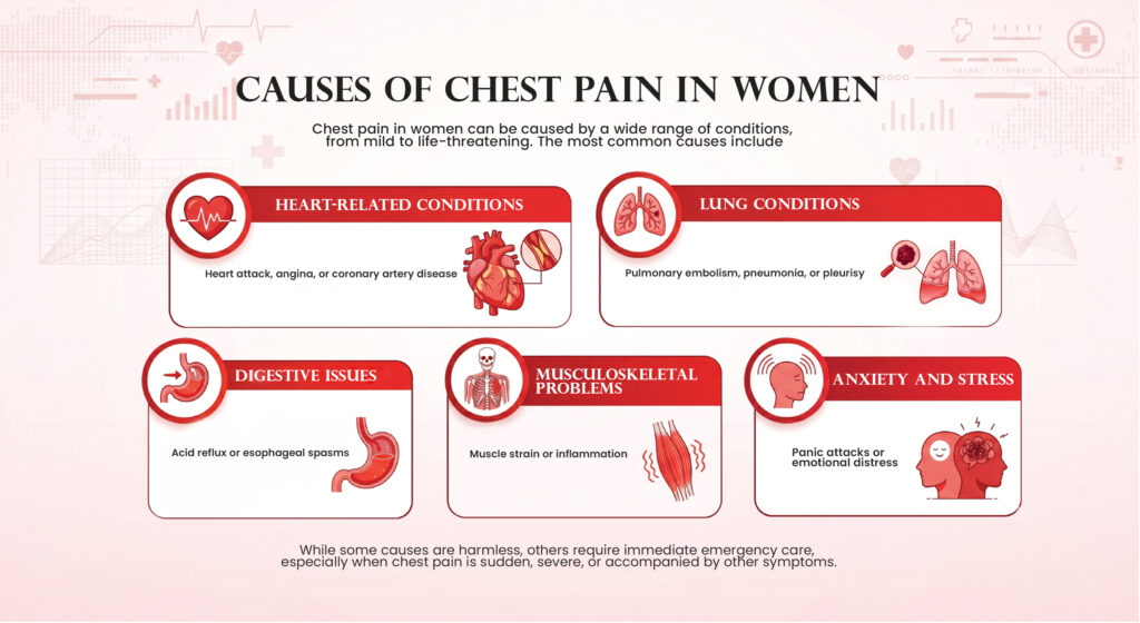 Chest Pain Symptoms in Women” – pressure, sharp pain, radiating pain, nausea, fatigue, dizziness, shortness of breath.