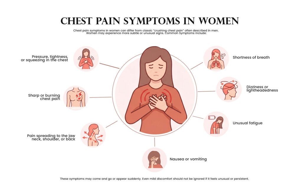 Causes of Chest Pain in Women” – heart, lungs, digestion, muscles, anxiety with related conditions.