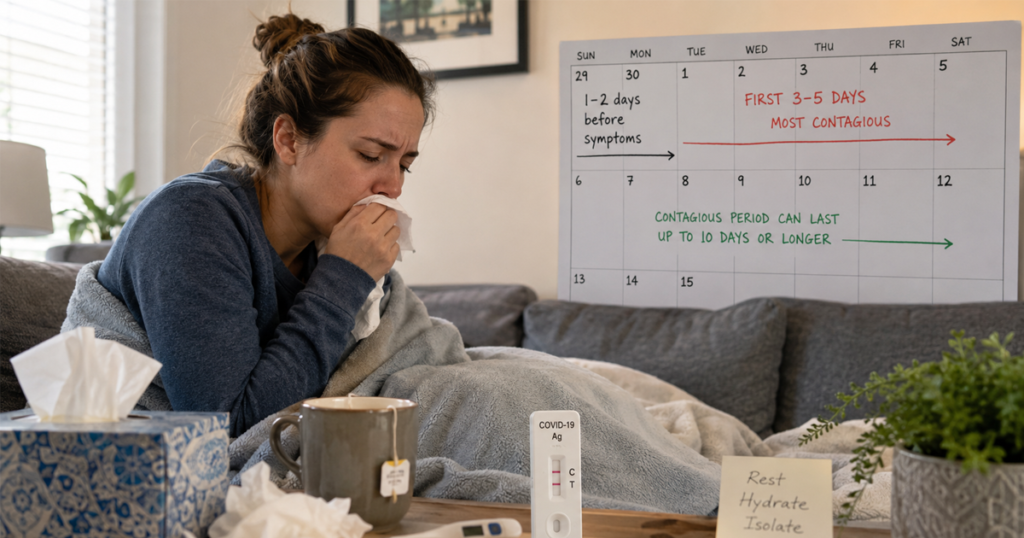 Sick woman resting beside a COVID-19 contagious-period calendar.