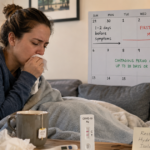 Sick woman resting beside a COVID-19 contagious-period calendar.