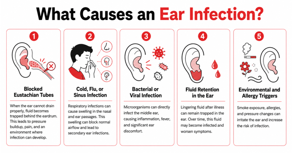 Infographic showing five common causes of ear infections.