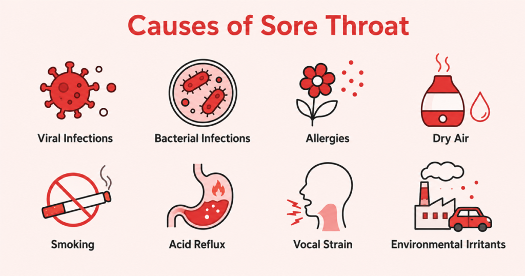 Infographic showing eight common causes of a sore throat.