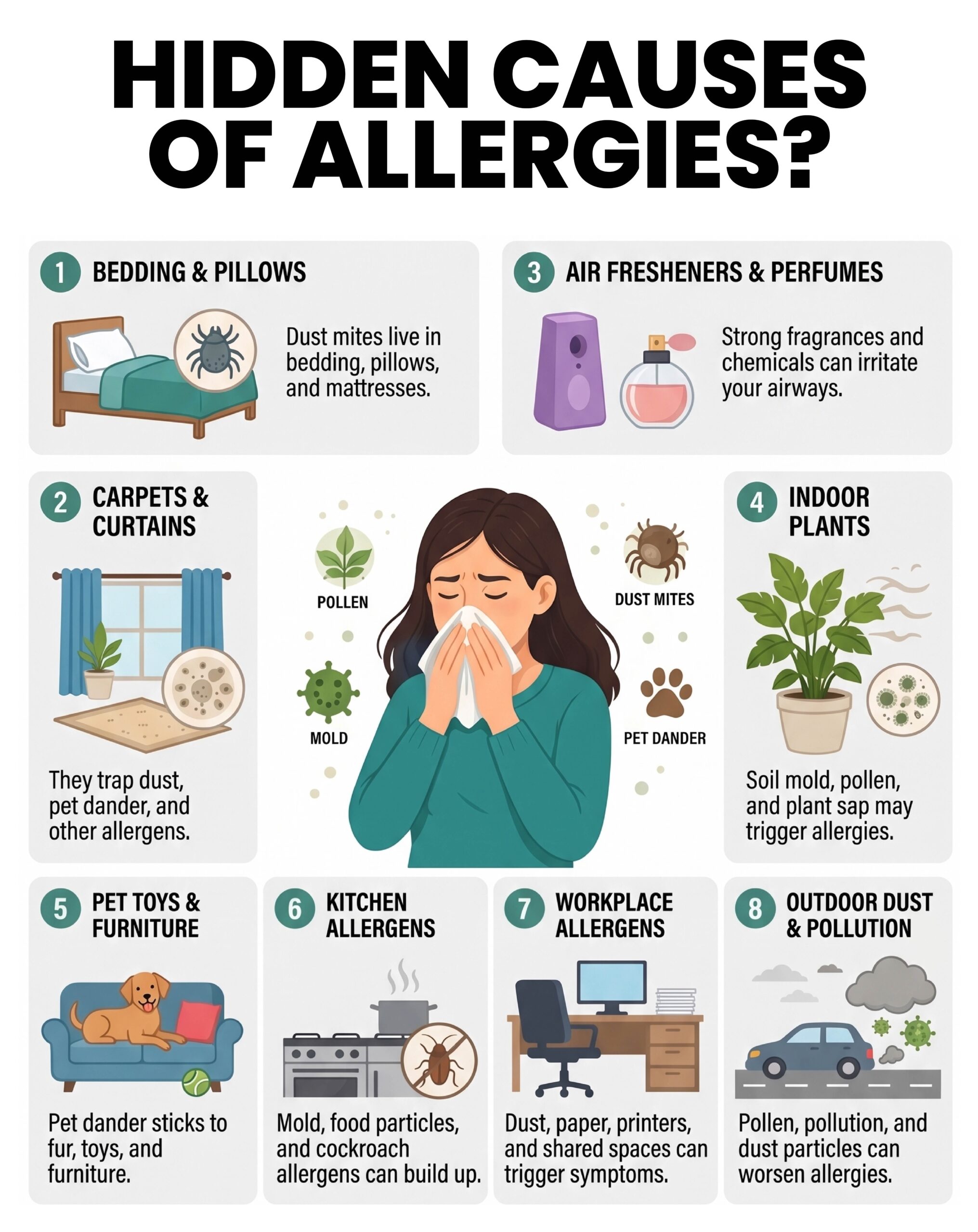 An infographic detailing 8 hidden indoor and outdoor causes of allergies, including plants, pets, and pollution.