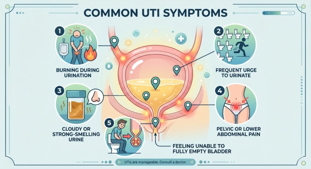 Infographic illustrating common UTI symptoms.