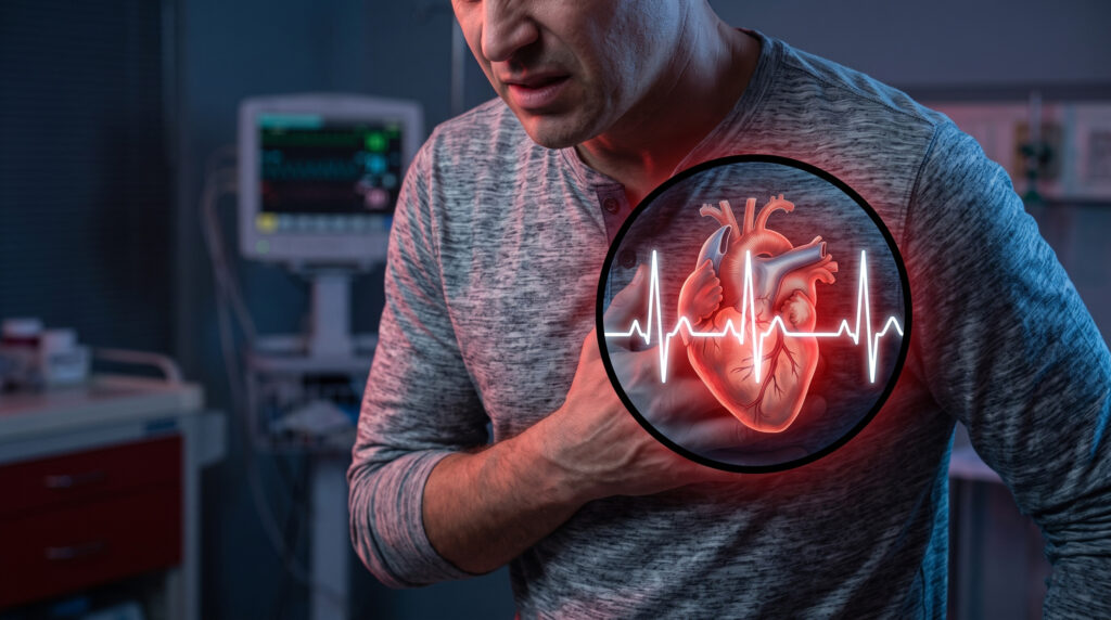 A distressed man clutching his chest with an overlaid graphic of a glowing red anatomical heart and a white EKG heartbeat line.