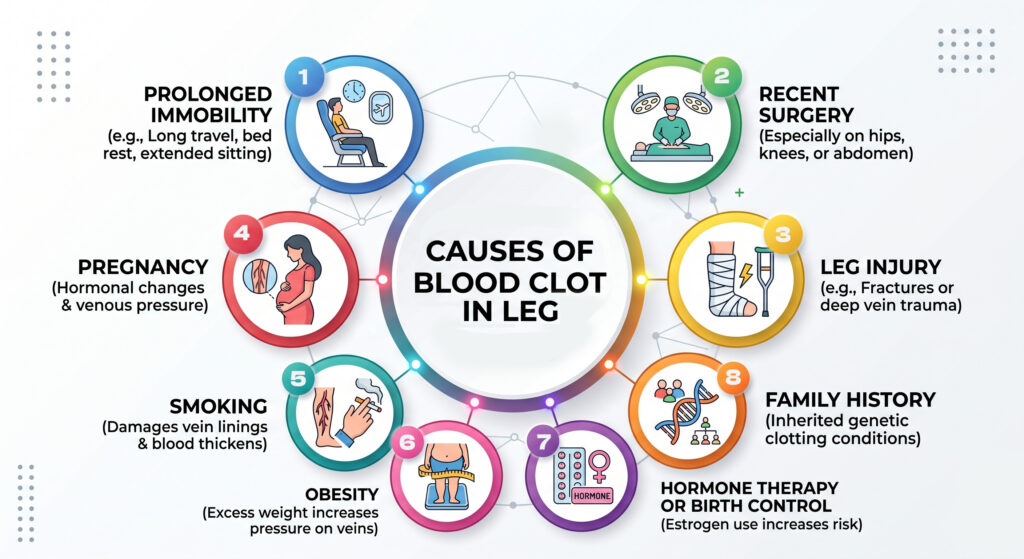 Diagram illustrating various causes of blood clots, including genetic factors, lifestyle choices, and medical conditions.