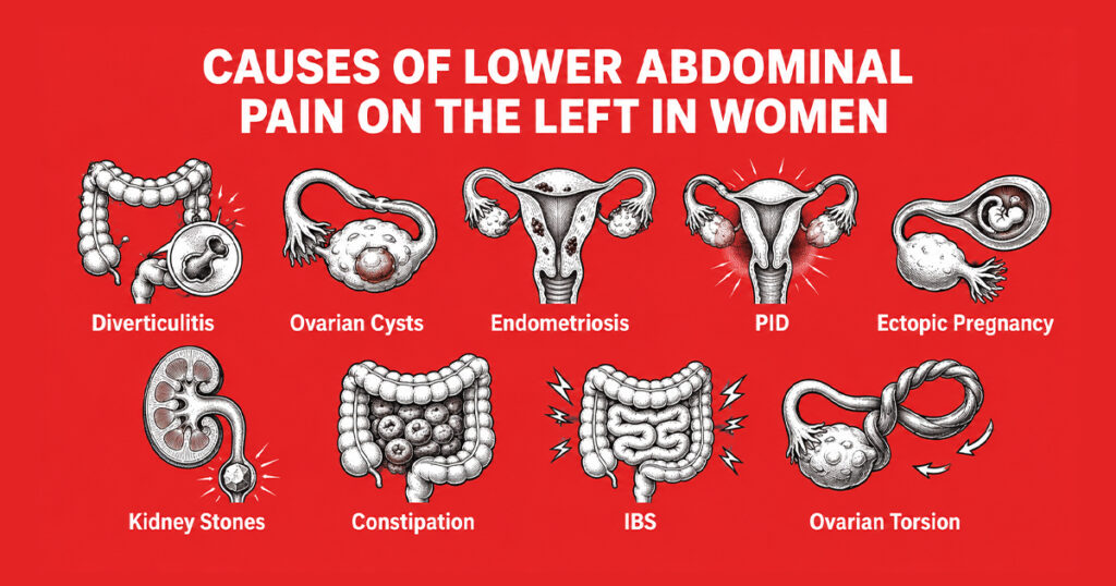 Infographic showing nine causes of lower-left abdominal pain in women