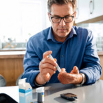 A middle-aged man sitting at a kitchen table testing his blood sugar with a lancing device and glucose meter.
