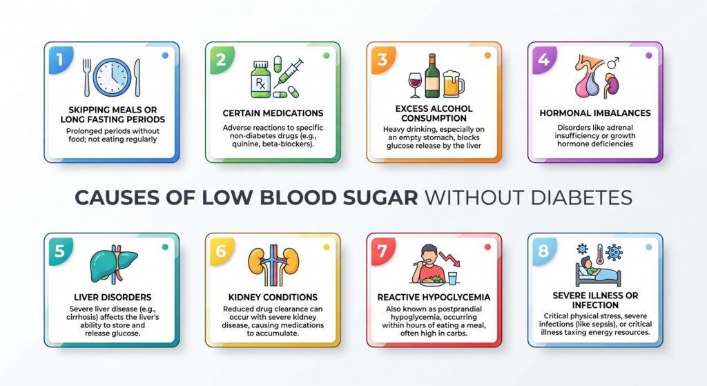An infographic listing causes of low blood sugar without diabetes, including fasting, alcohol, and medical conditions.