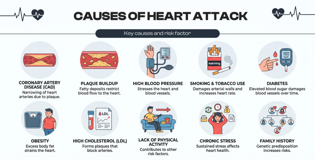 An infographic illustrating ten key causes and risk factors for a heart attack.