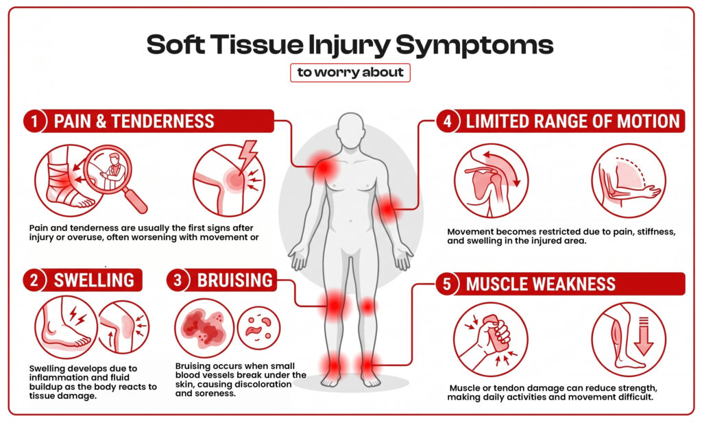 An infographic outlining five key soft tissue injury symptoms in red color theme with white background.