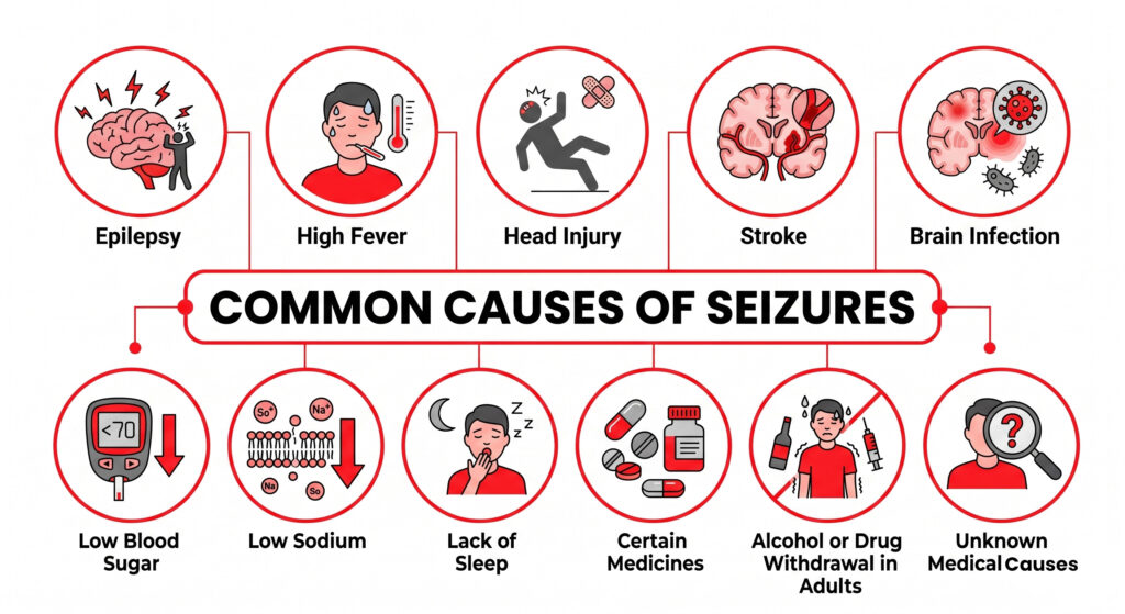 An infographic illustrating common causes of seizures in red theme with white background.
