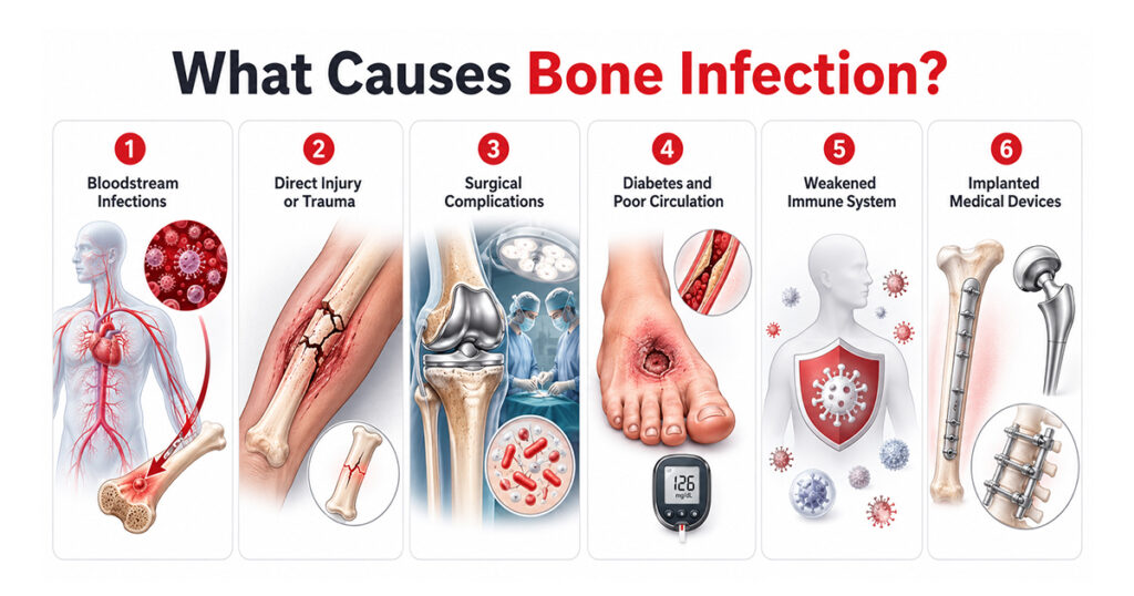 Infographic showing causes of bone infection.