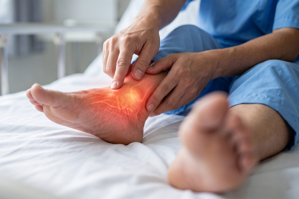 A patient in a hospital bed, grimacing in pain, with a focus on their affected foot.