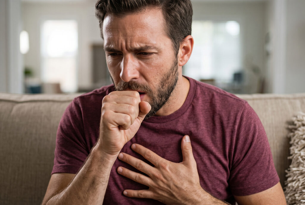 A man coughing and clutching his chest while sitting indoors.