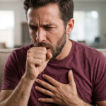 A man coughing and clutching his chest while sitting indoors.