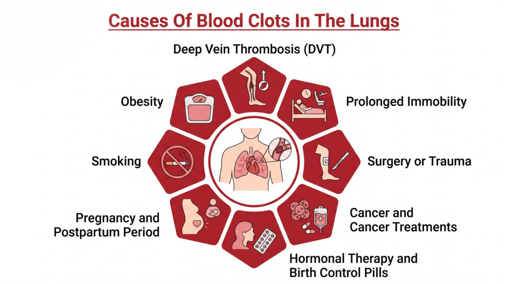Infographic detailing the primary causes and risk factors of blood clots in the lungs.