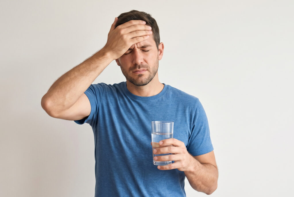 A man in a blue t-shirt holding his hand to his forehead while holding a glass of water.