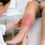 Doctor examining patient's inflamed lower leg.