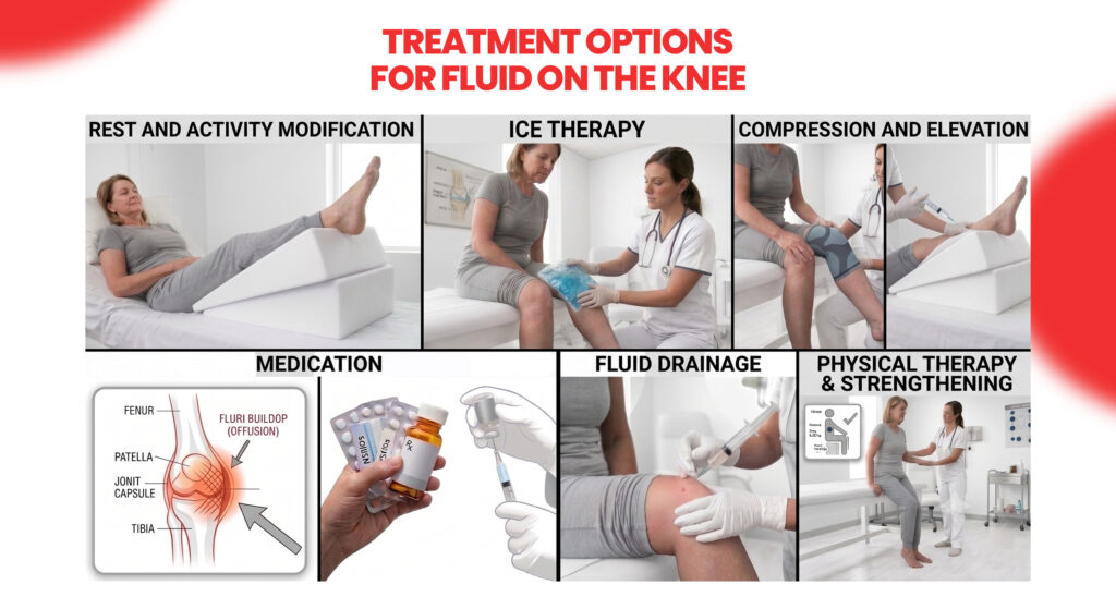 Infographic detailing treatment options for fluid on the knee.
