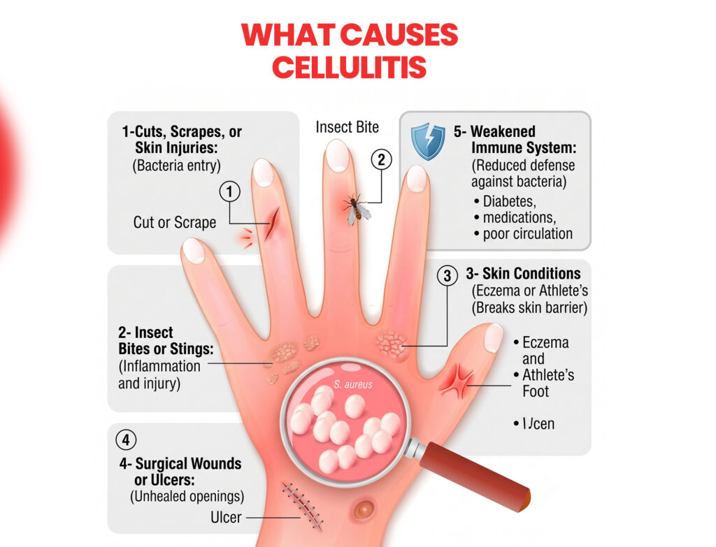 Infographic showing the common causes of cellulitis infection.